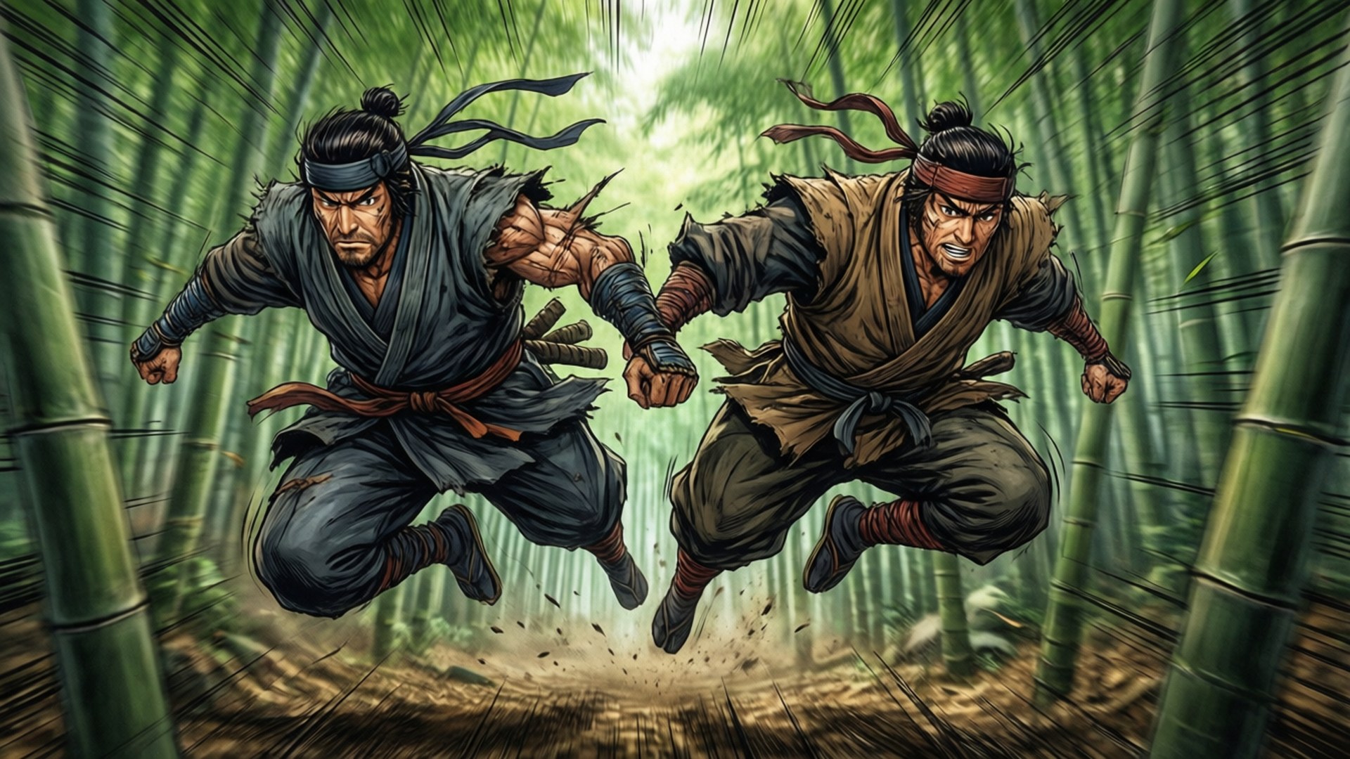兩名忍者戰士在戰鬥中躍過竹林。
