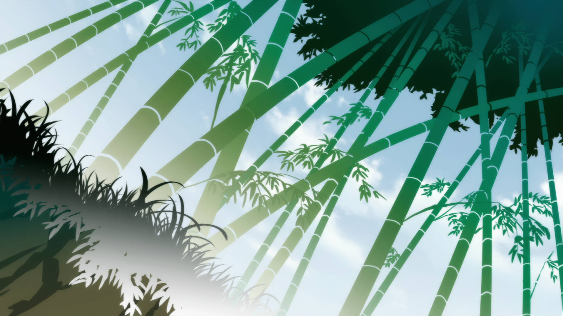 竹林高畫質圖像藝術 壁紙 — 高聳的綠色竹莖穿過明亮的天空向上伸展，天空中有柔軟的雲朵，底部有剪影般的草。