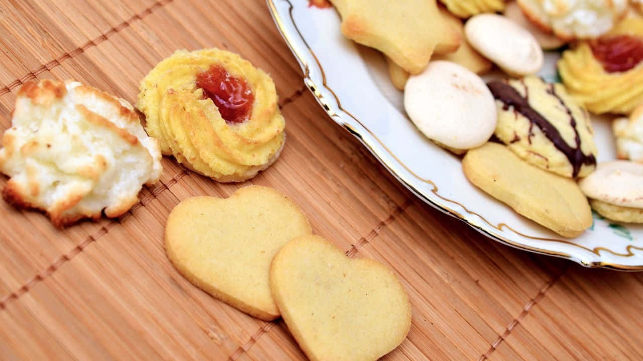Pastry 桌布 壁紙 — 竹蓆與金邊裝飾碟上各種精緻餅乾的特寫。