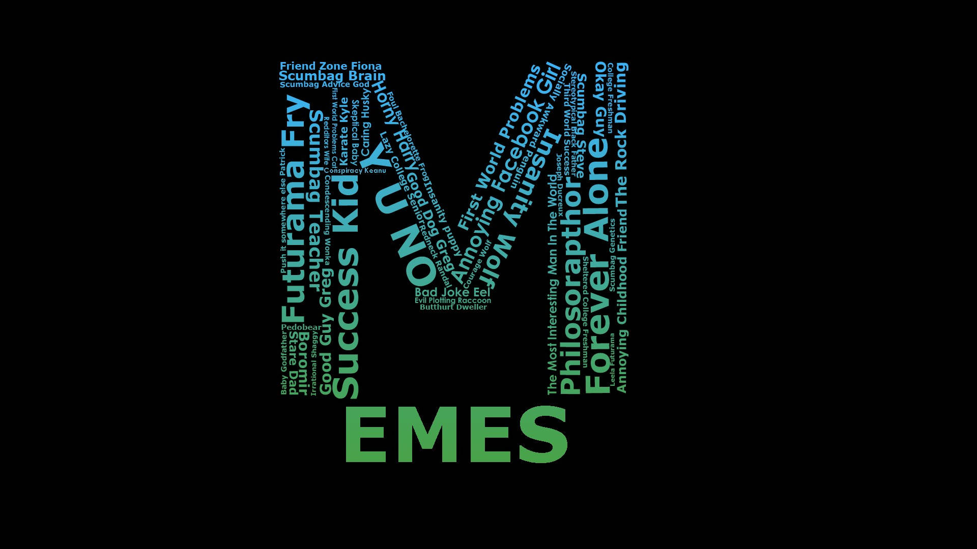 文字藝術詞雲形狀為 'YOUNG'，帶有短語和綠色 'EMES' 在黑色背景上。