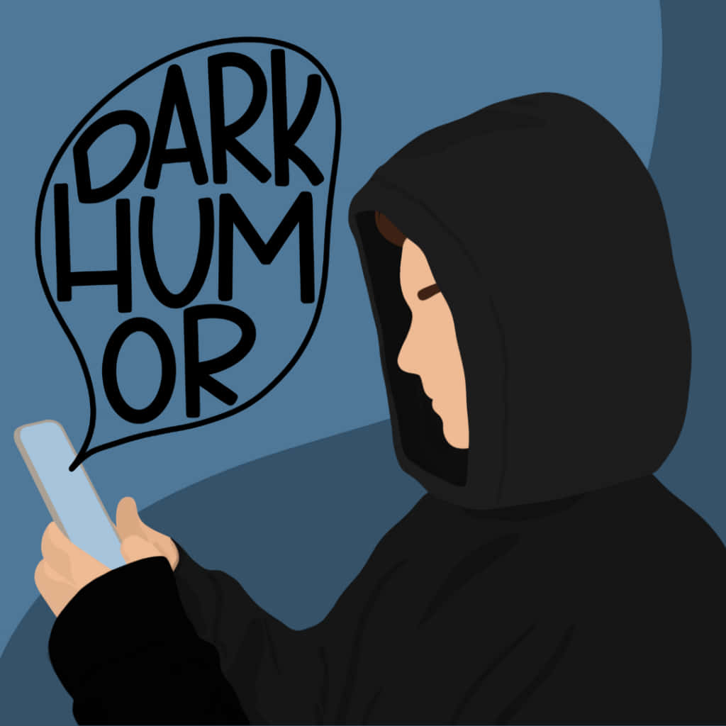 笑到哭 壁紙 — 一個穿著黑色連帽衫的人正在閱讀一部帶有 'DARK HUMOR' 對話氣泡的手機，背景為藍色。