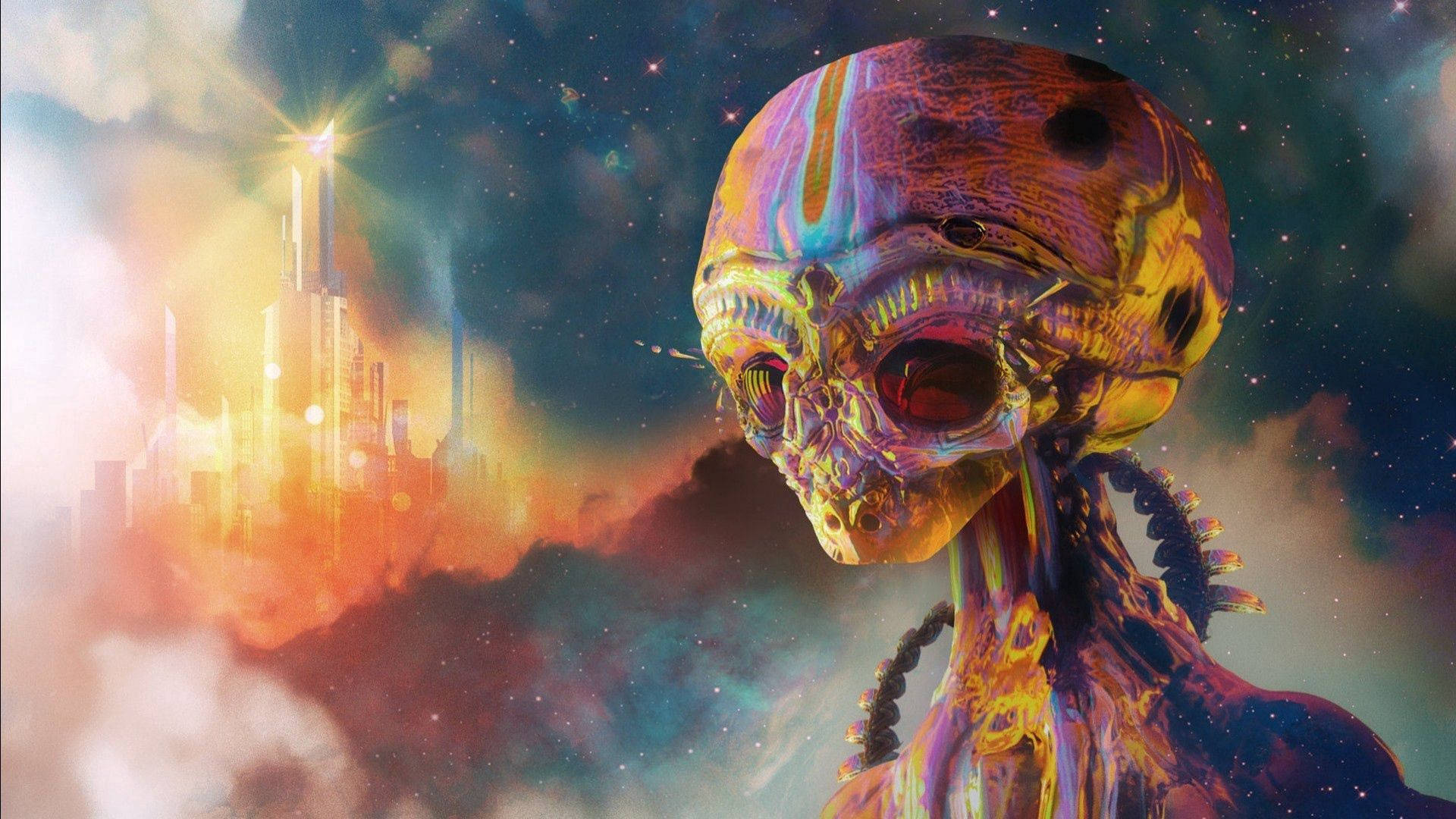 在閃耀的未來城市附近的宇宙空間中，一個眼睛發光的外星人頭骨。