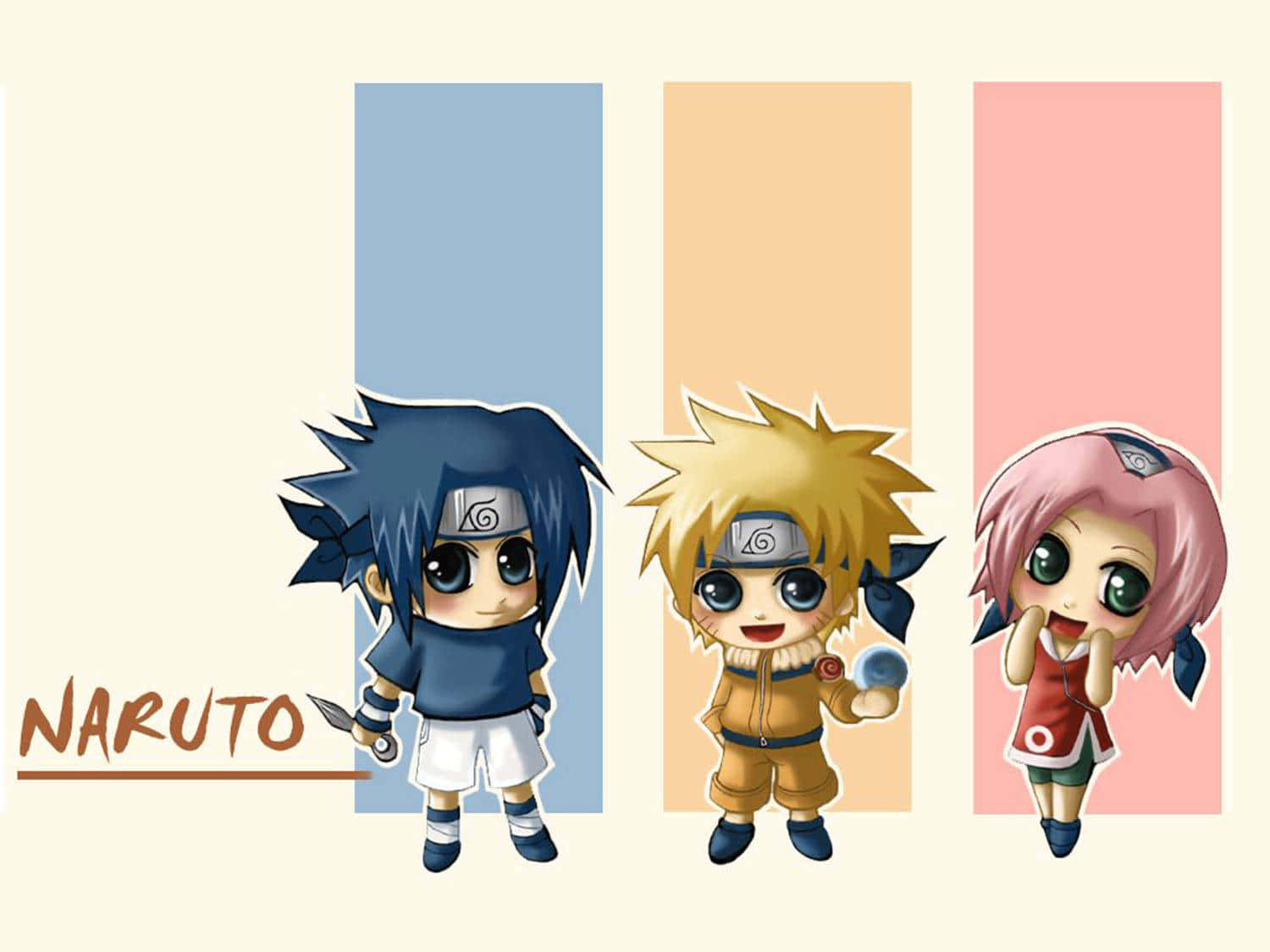 三個Q版火影忍者角色在彩色垂直面板中，標題為Naruto。