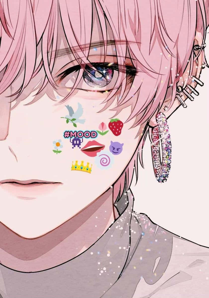 笑容燦爛的可愛動漫男孩 壁紙 — 粉紅髮少女的動畫特寫肖像，帶有閃亮眼睛、彩色臉部貼紙和閃亮耳環。