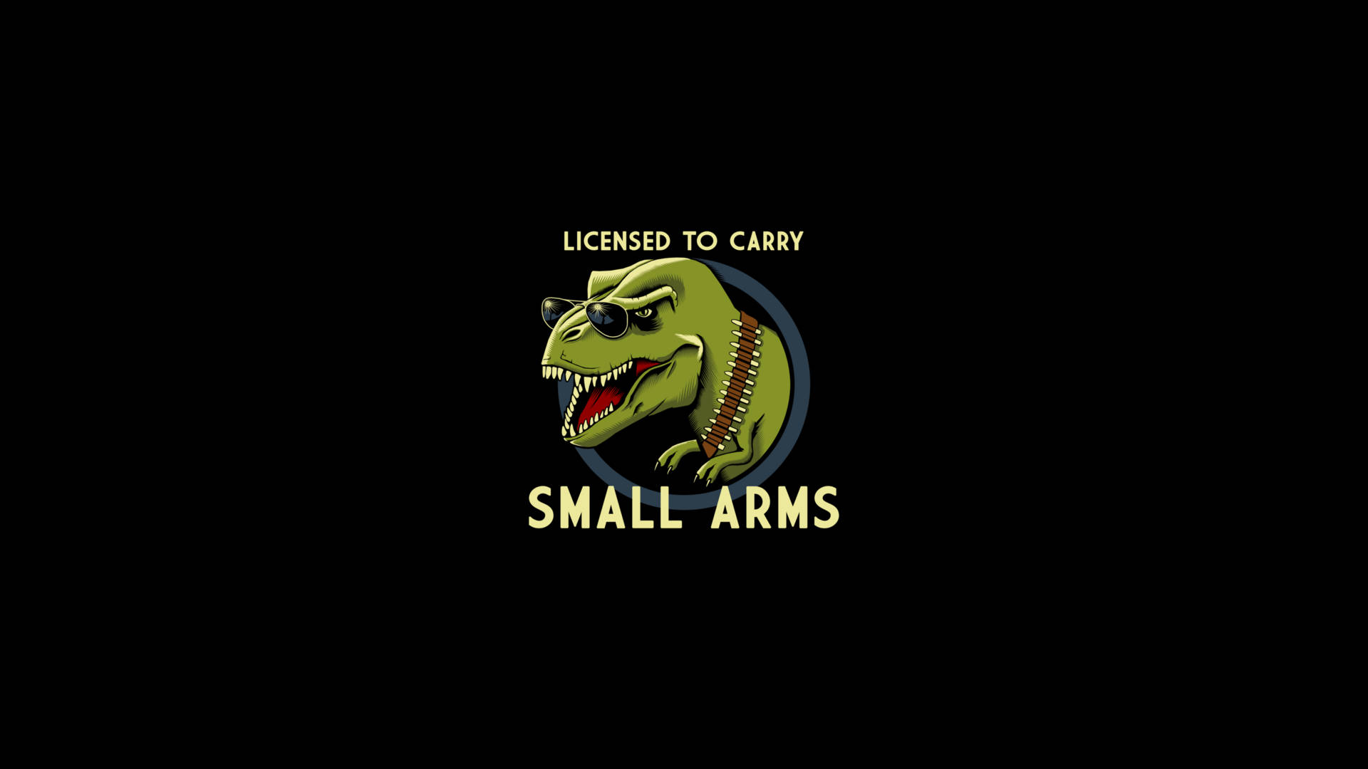 卡通暴龍戴着太陽眼鏡，拿着有「Licensed to Carry Small Arms」文字的子彈帶。
