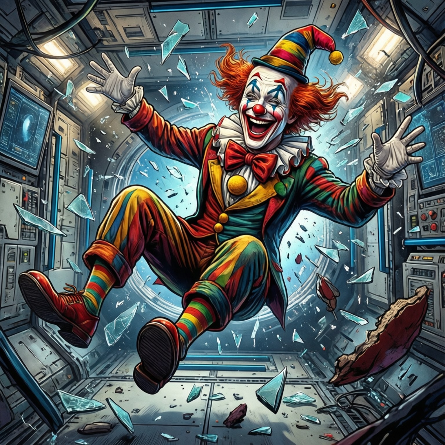 癲狂小丑在破碎的太空艙中張開雙臂，玻璃碎片四濺。