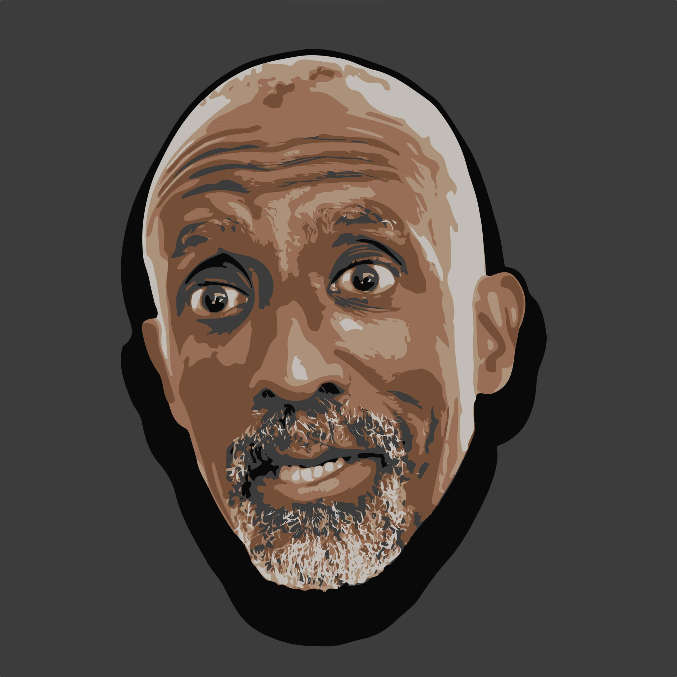 笑聲超越皺紋 壁紙 — 一個風格化的數碼肖像，描繪一個光頭男子，表情驚訝，鬍鬚有紋理，背景為深灰色。