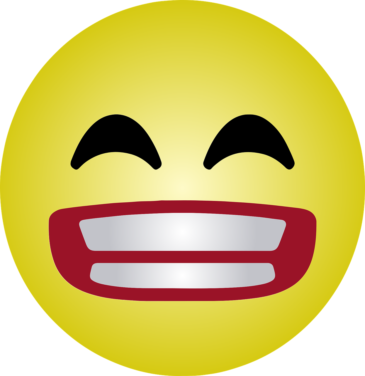 笑臉表情符號圖 壁紙 — 一個明亮的黃色表情符號臉笑著，閉著眼睛，張開紅色的大嘴露出白色牙齒。