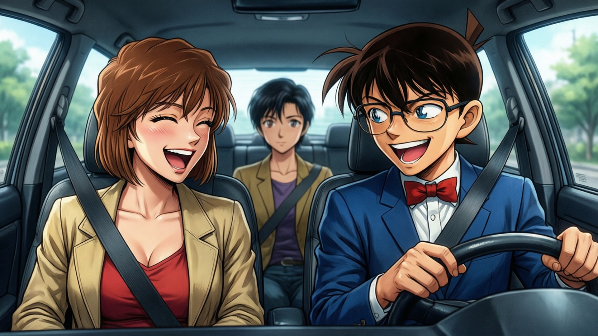 三個動漫角色在車內大笑，車外有綠樹。
