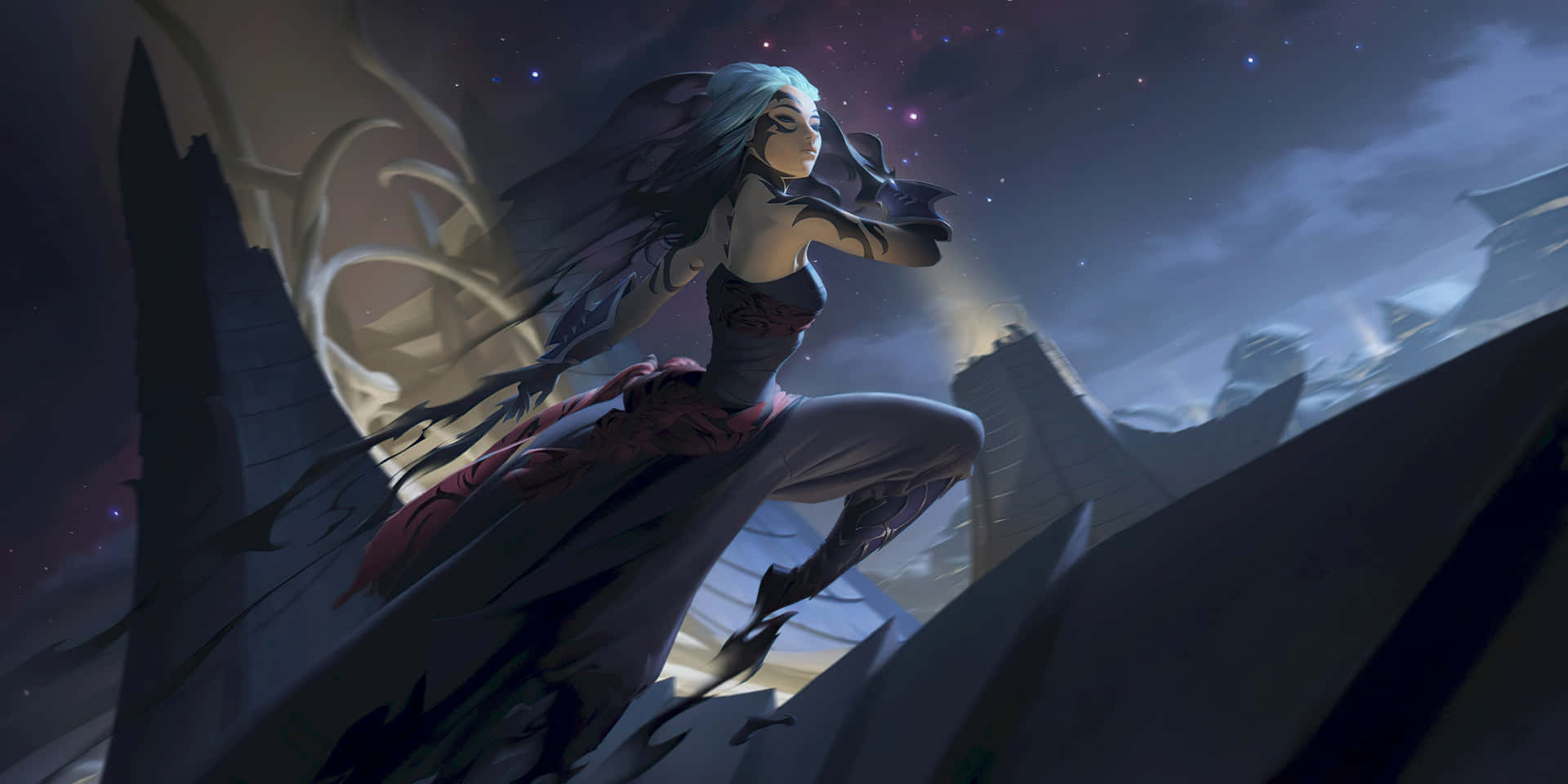 藍髮黑翼的動漫女性在夜間星空下跳過懸崖。