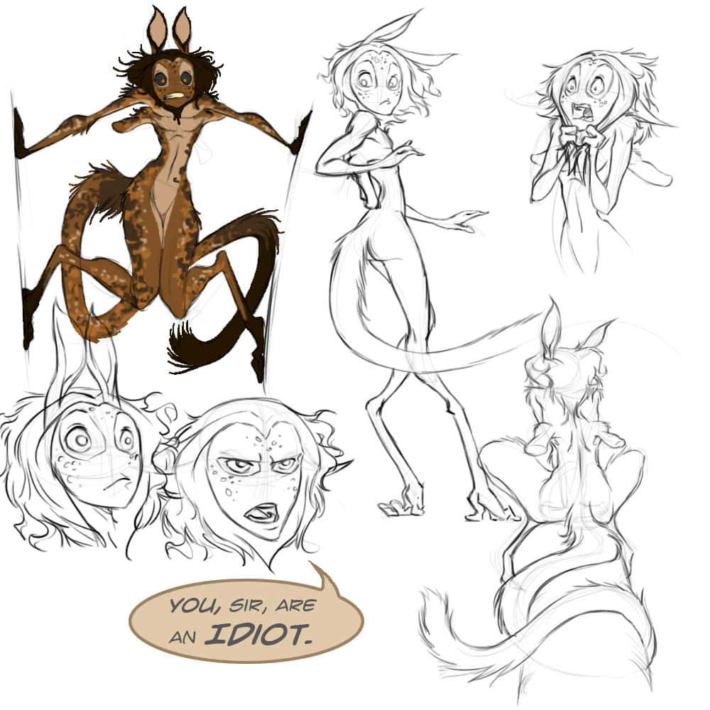 具有表情和姿勢的擬人化生物的角色設計草圖。