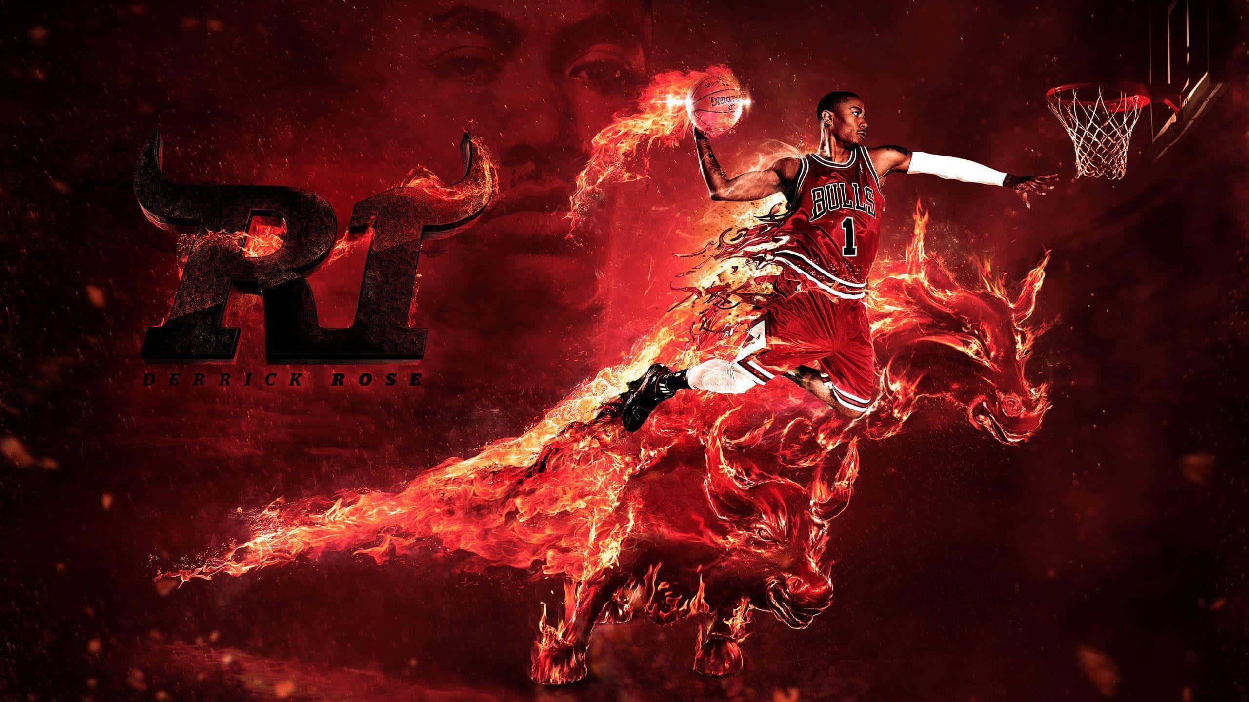 「第91屆NBA全明星德里克·羅斯」 壁紙 — 戴歷克羅斯身穿紅色公牛隊球衣，跳上一頭火焰公牛，在深紅色背景上灌籃，他的臉在背後隱現。