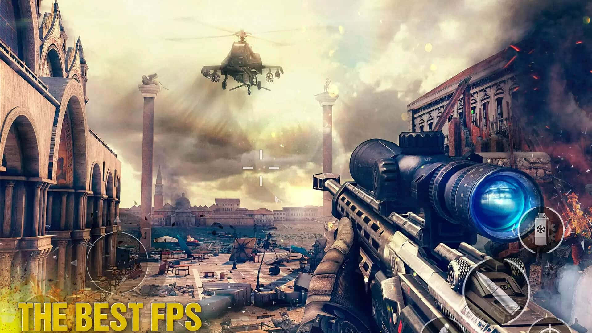 First-person Shooter Games 桌布 壁紙 — 第一人稱射擊視角，在戰火摧殘的城市景觀中，瞄準一架盤旋的直升機，周圍有燃燒的建築物和煙霧。