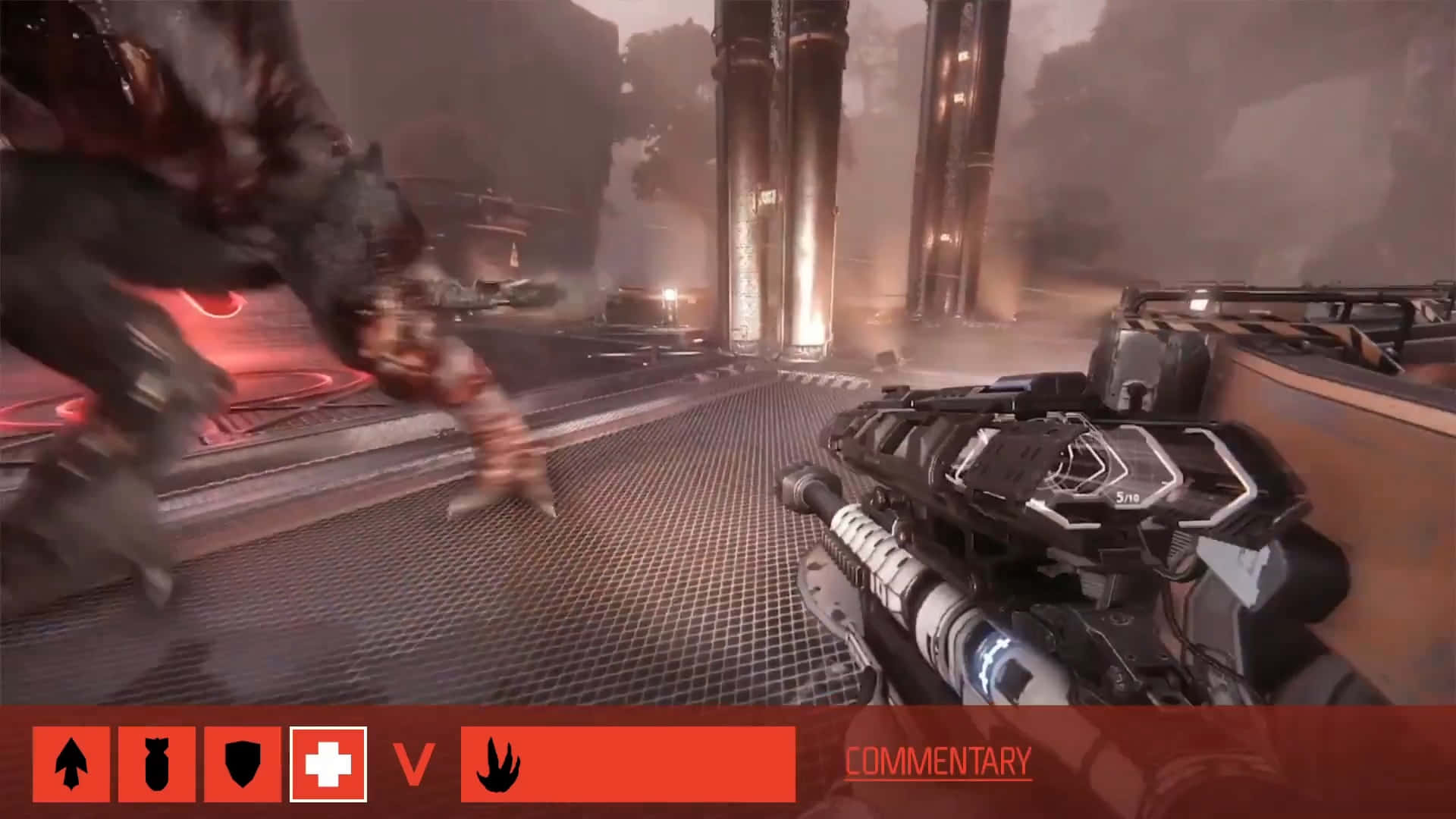 Game Trailers 桌布 壁紙 — 第一人稱射擊遊戲畫面，顯示玩家在煙霧彌漫的工業環境中，用未來武器瞄準一隻衝過來的怪物敵人。