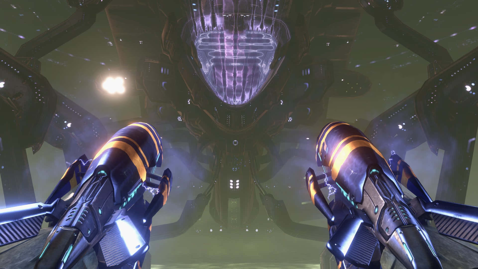 Plasma Rifle 桌布 壁紙 — 第一人稱視角，在昏暗的科幻走廊中，未來武器瞄準一個巨大的發光外星飛船。