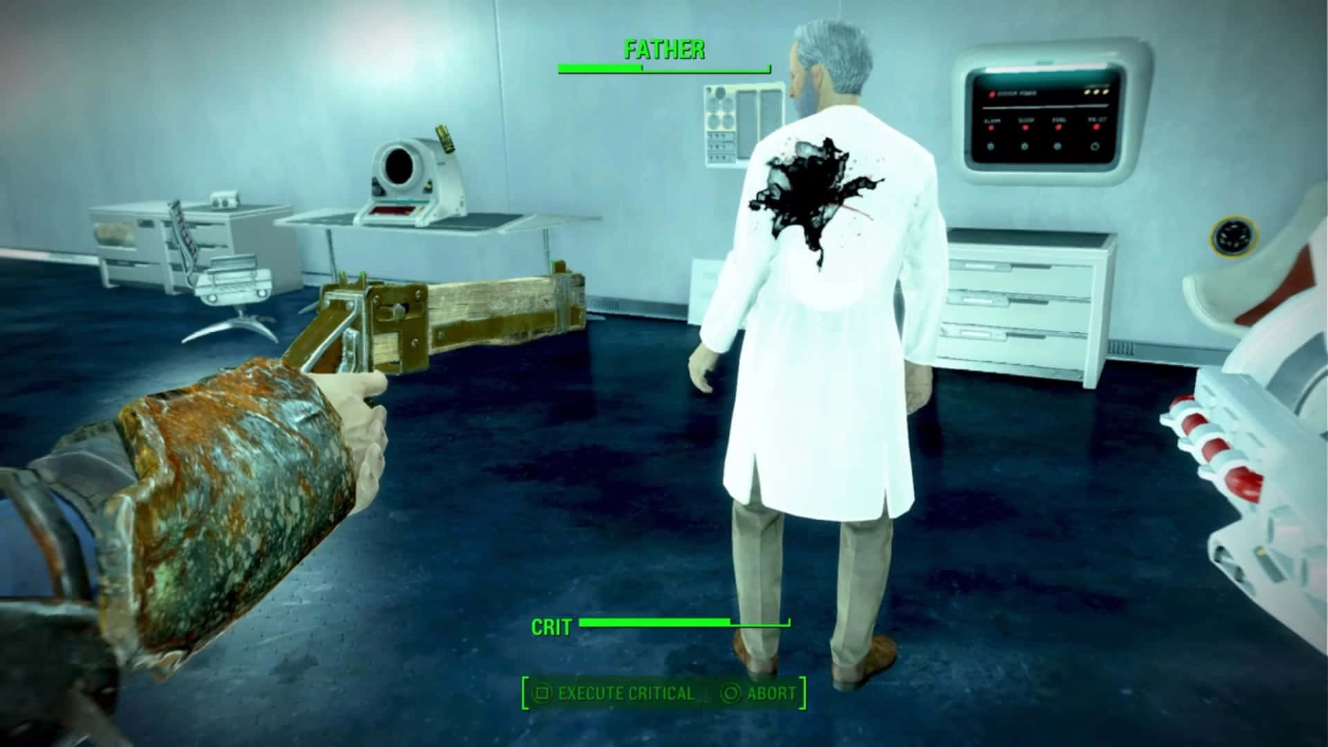 Fallout 4 Institute 桌布 壁紙 — 第一人稱視角，玩家在無菌實驗室中用生鏽武器瞄準一位身穿白色實驗袍、背部有黑色濺污的科學家。