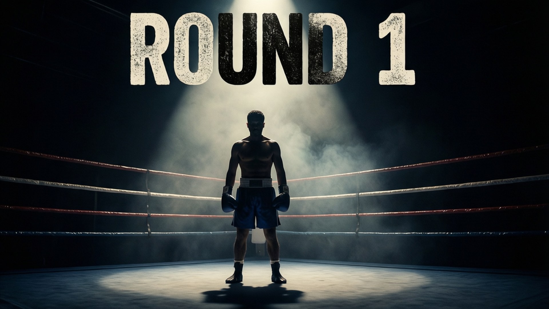 拳擊手在擂台上，聚光燈下，上方有『ROUND 1』文字。