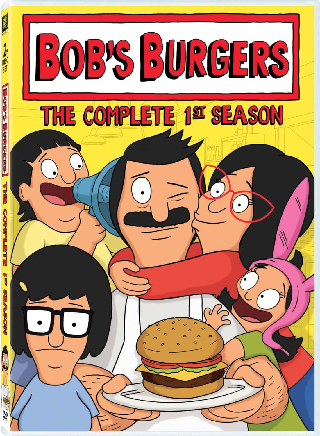 第一季 DVD 封面 - Bob's Burgers 背景 壁紙 — 一個卡通家庭圍著一個巨型漢堡，臉上帶著喜悅的表情，背景是明亮的黃色。
