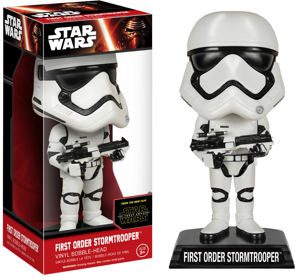 第一秩序帝國軍士官 Funko Pop 摆頭公仔 壁紙 — 一個第一軍團風暴兵搖頭公仔乙烯基人偶站在其品牌包裝旁邊，背景為黑色。