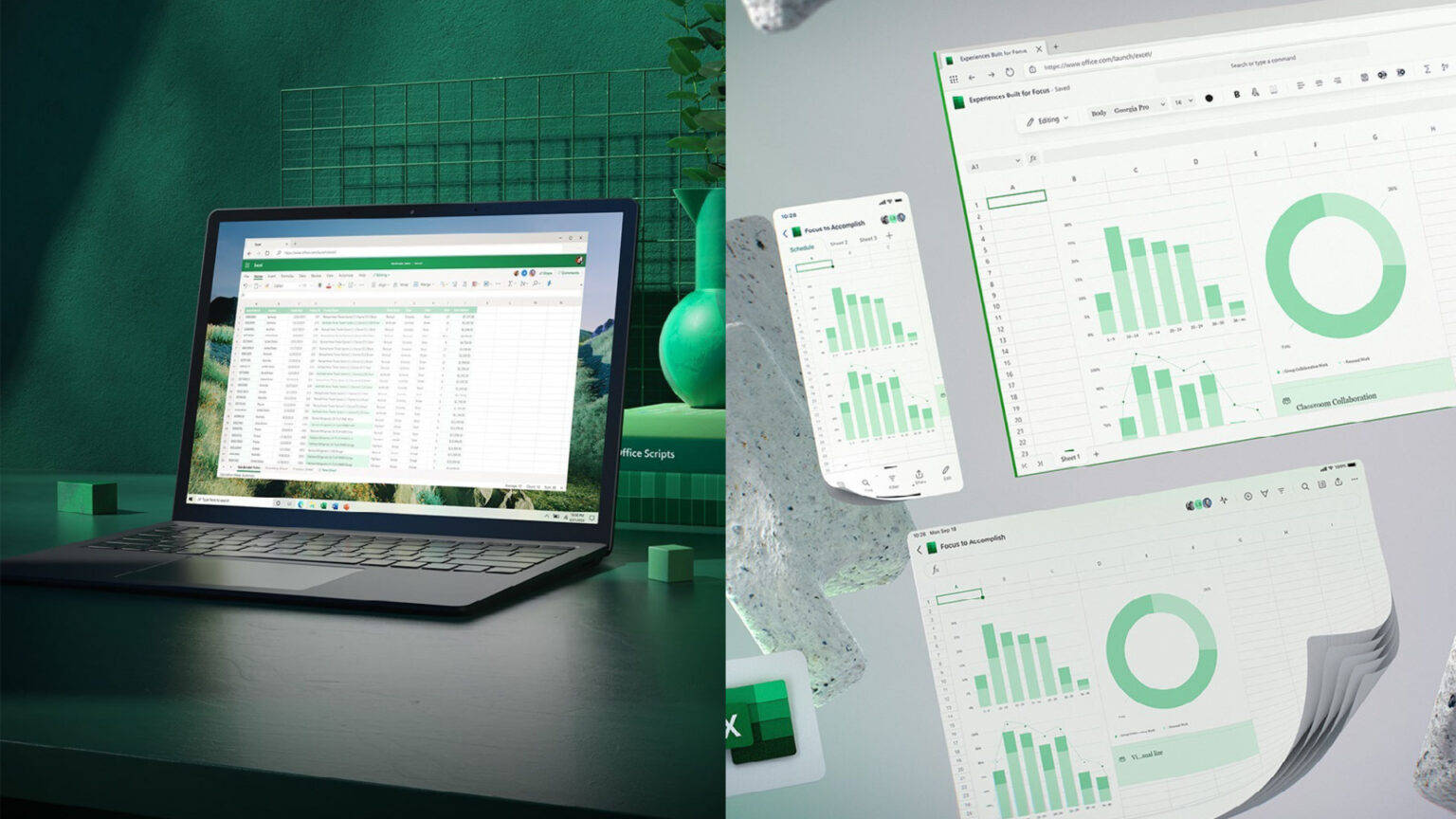 筆記型電腦上的 Excel 資料表應用程式 壁紙 — 現代工作空間，配備手提電腦和浮動數碼儀表板，在深色青綠背景下顯示綠色圖表和圖形。