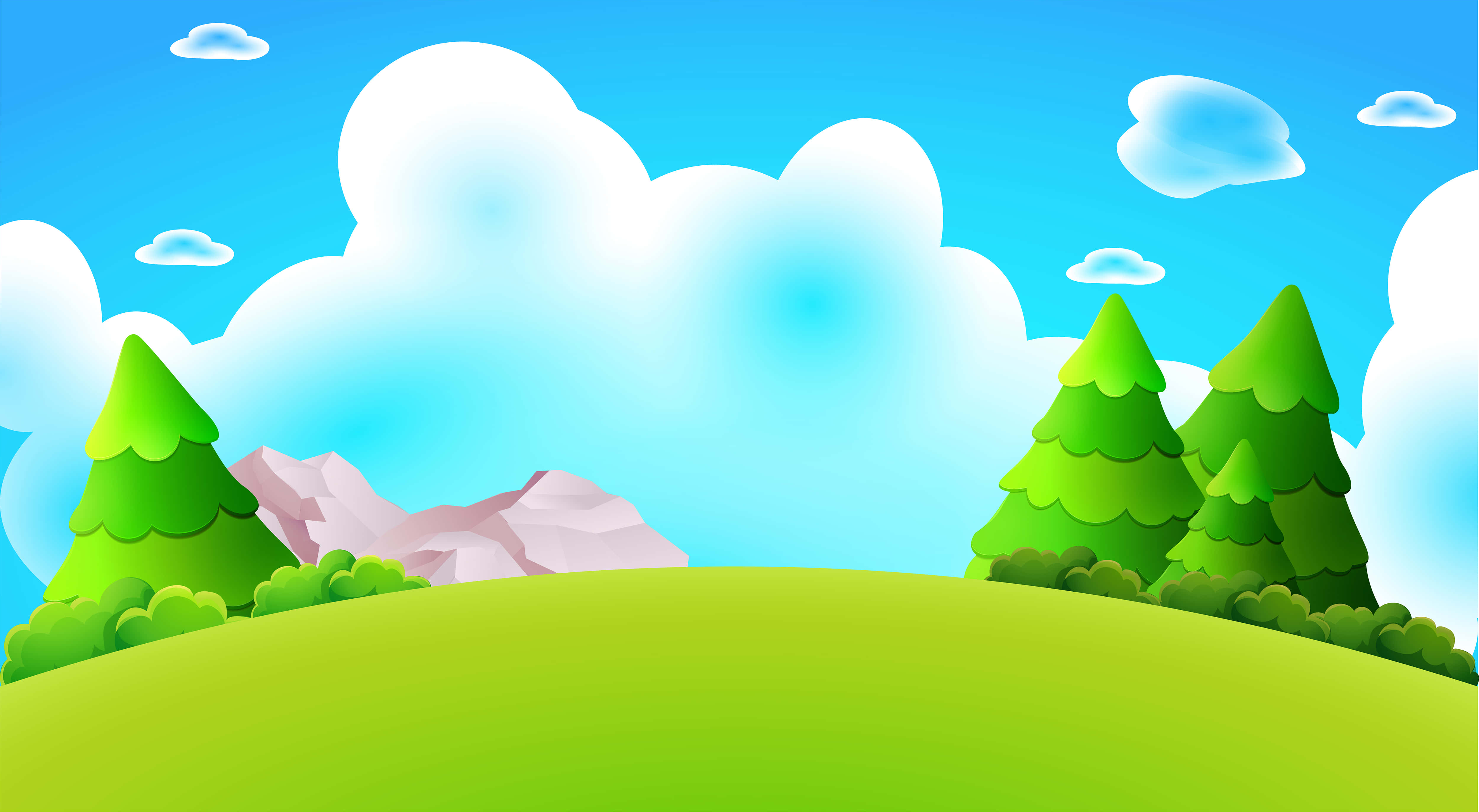 等待冒險者的魔法卡通森林 壁紙 — 明亮的卡通風景，有起伏的綠色山丘、松樹和粉紅色的山脈，在藍天白雲下。