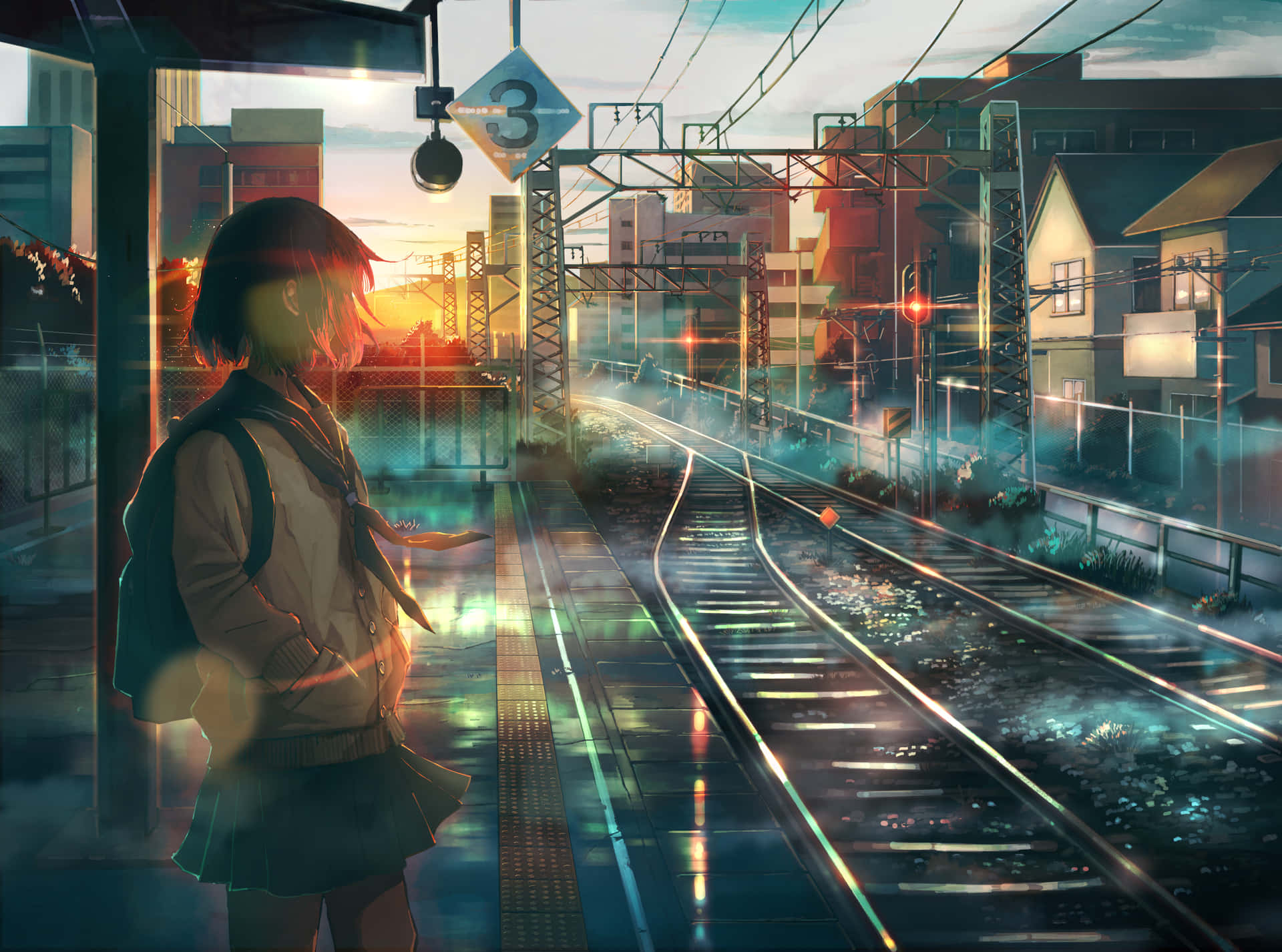 穿著校服的動漫女孩在夕陽餘暉中於下雨的火車站等候。