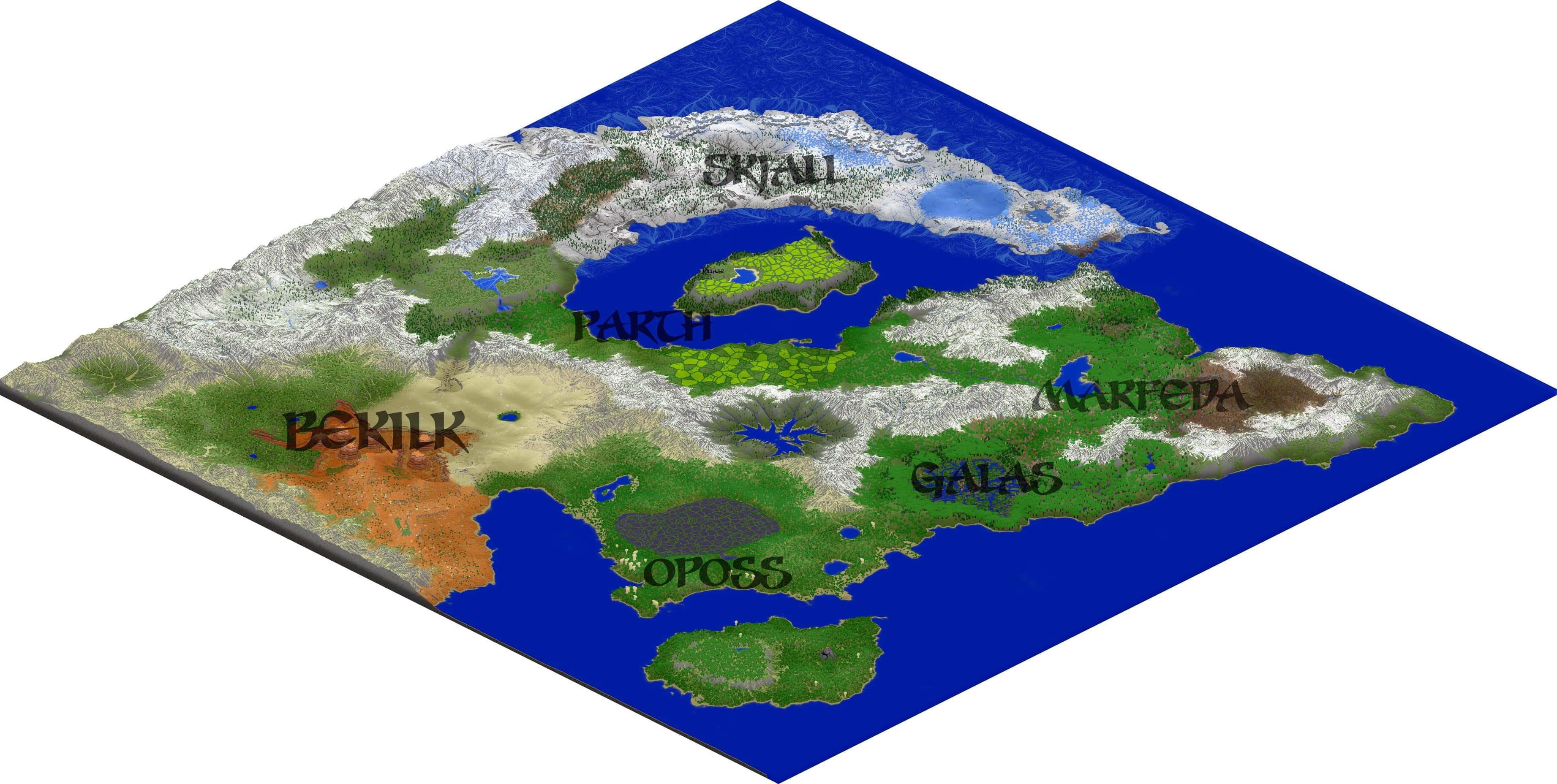 Minecraft Map 桌布 壁紙 — 等距幻想世界地圖，標有 Skjall 和 Bekilk 等地區，周圍環繞著藍色海洋和多樣地形。