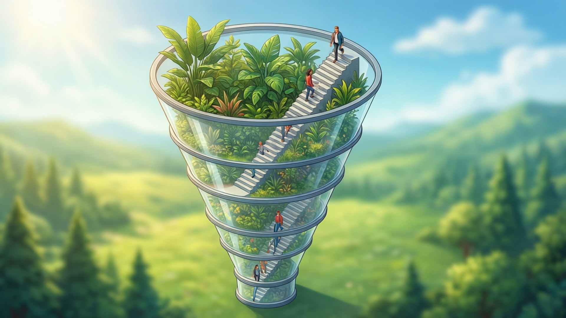 人們在一個充滿叢林植物的巨大玻璃漏斗內攀爬螺旋樓梯。