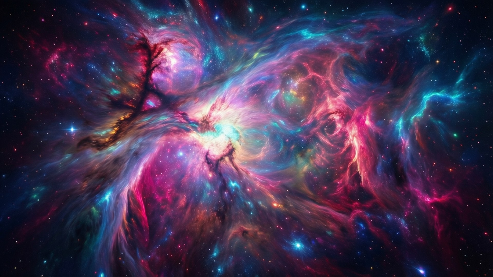 充滿活力的宇宙星雲，在星空背景下有旋轉的粉紅、藍綠色和紫色雲層。