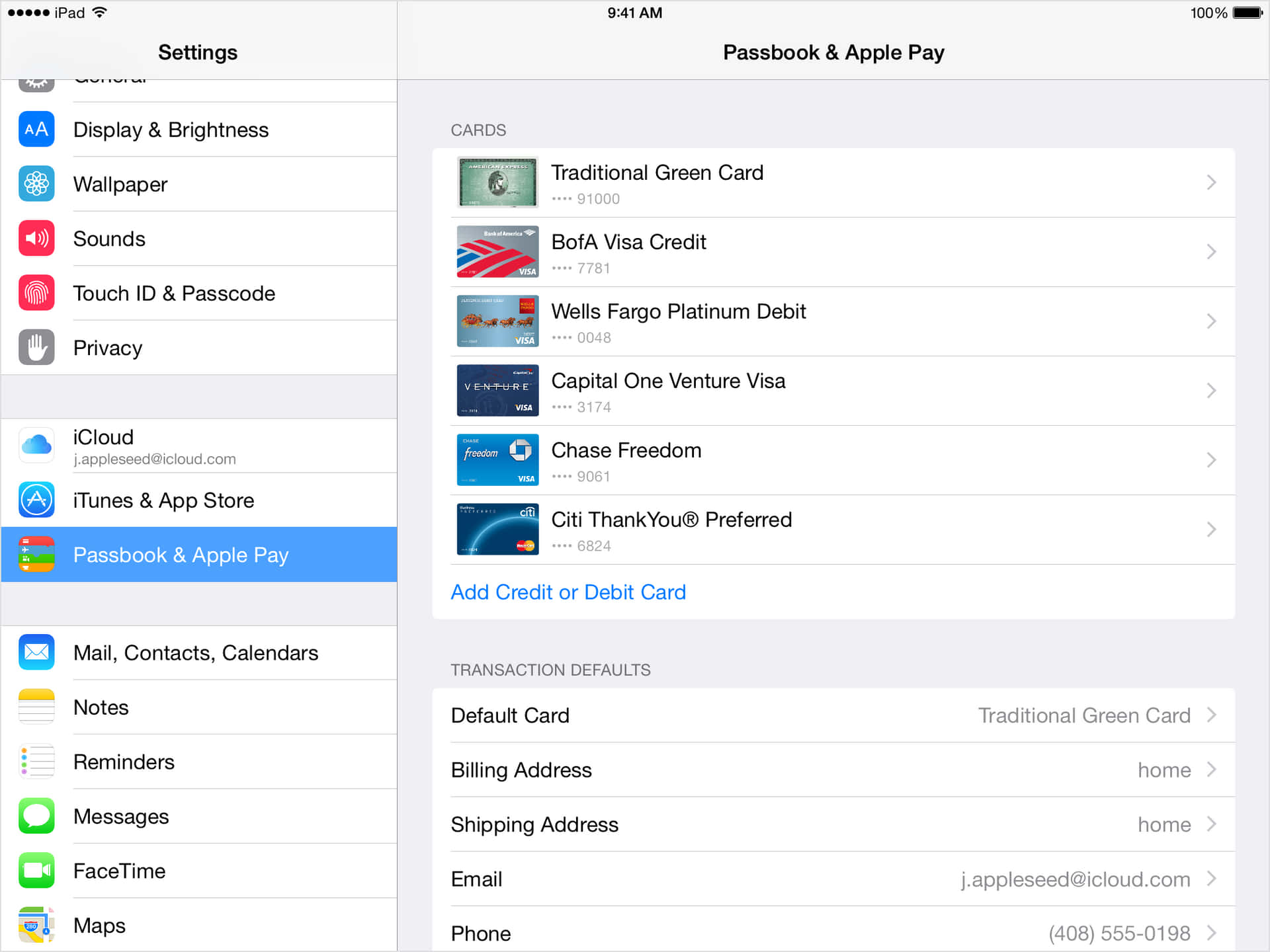 iPad 設定畫面，顯示 Passbook 和 Apple Pay，並列出信用卡和扣賬卡。
