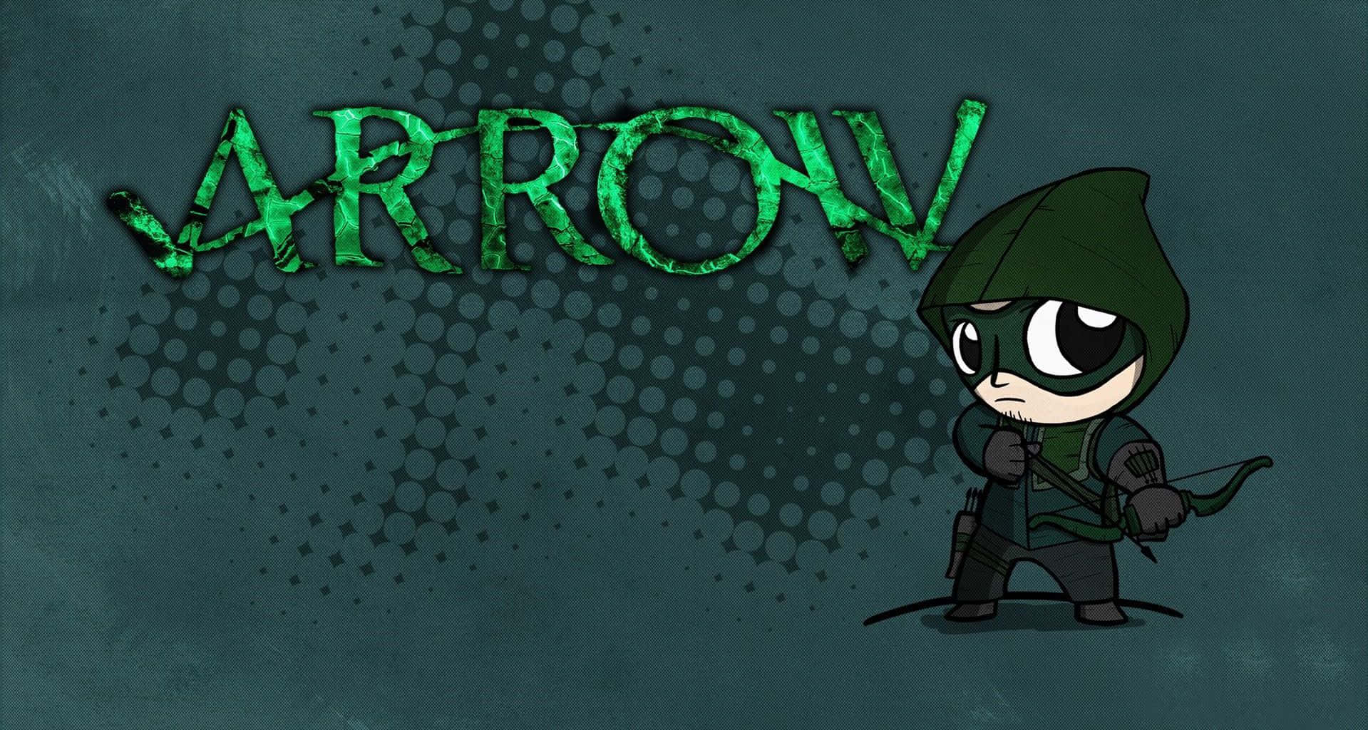 箭矢穿過黑夜，全副武裝且警覺 壁紙 — Chibi Green Arrow 準備好弓箭，站在有紋理的青綠色背景上，下方是風格化的綠色 'ARROW' 標誌。