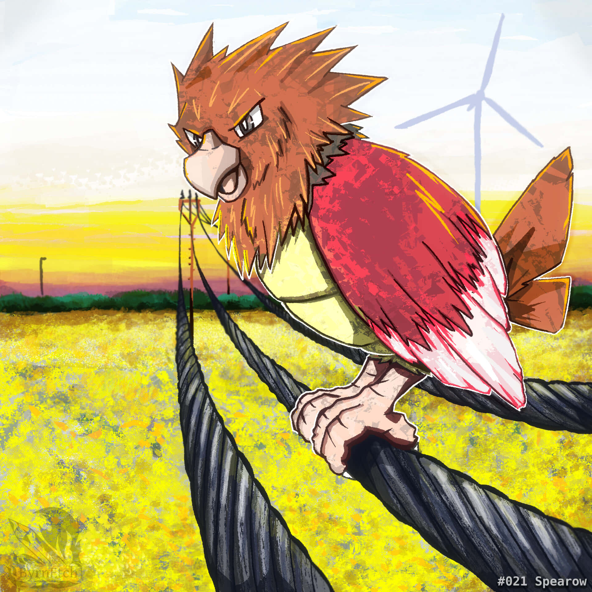 箭頭鳥停在電線上的同人藝術 壁紙 — 一隻兇猛的卡通鳥棲息在電線上，背景是金色夕陽下的田野和遠處的風力發電機。