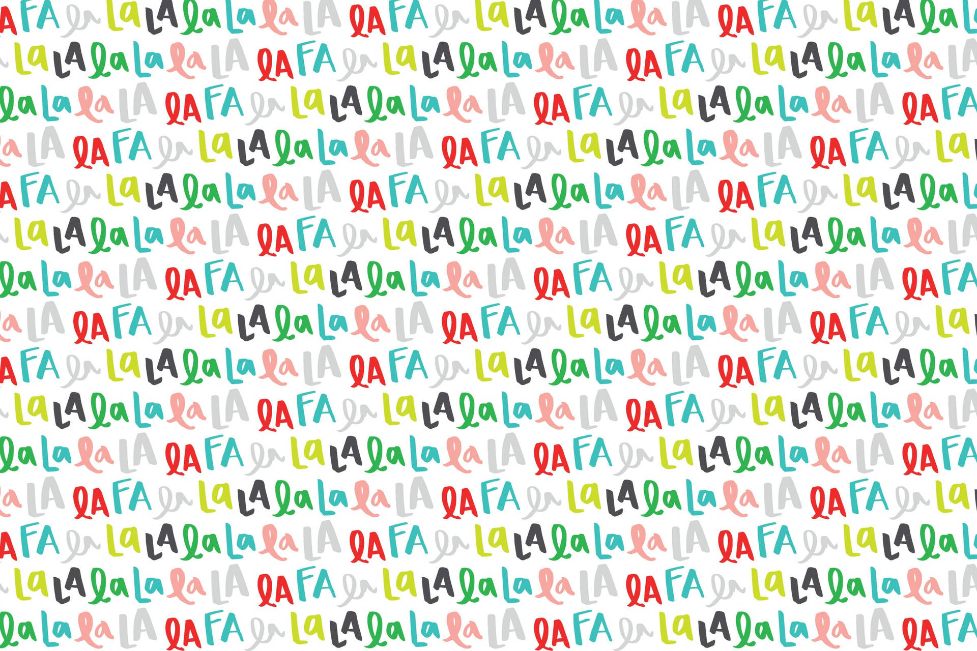 白色背景上 la la la 和 qa fa 的色彩繽紛重複文字圖案。