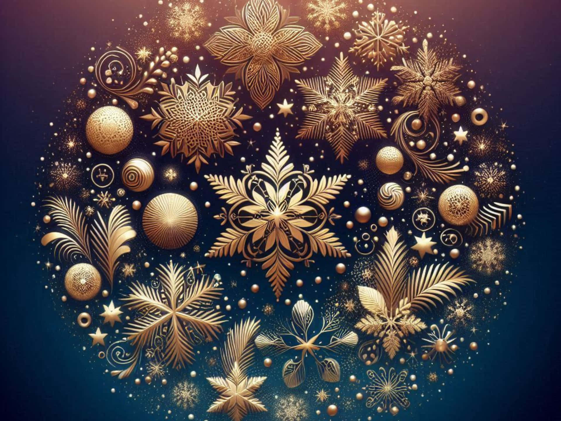 金色雪花和裝飾品在節日冬季場景中漂浮，帶有閃爍的粒子。