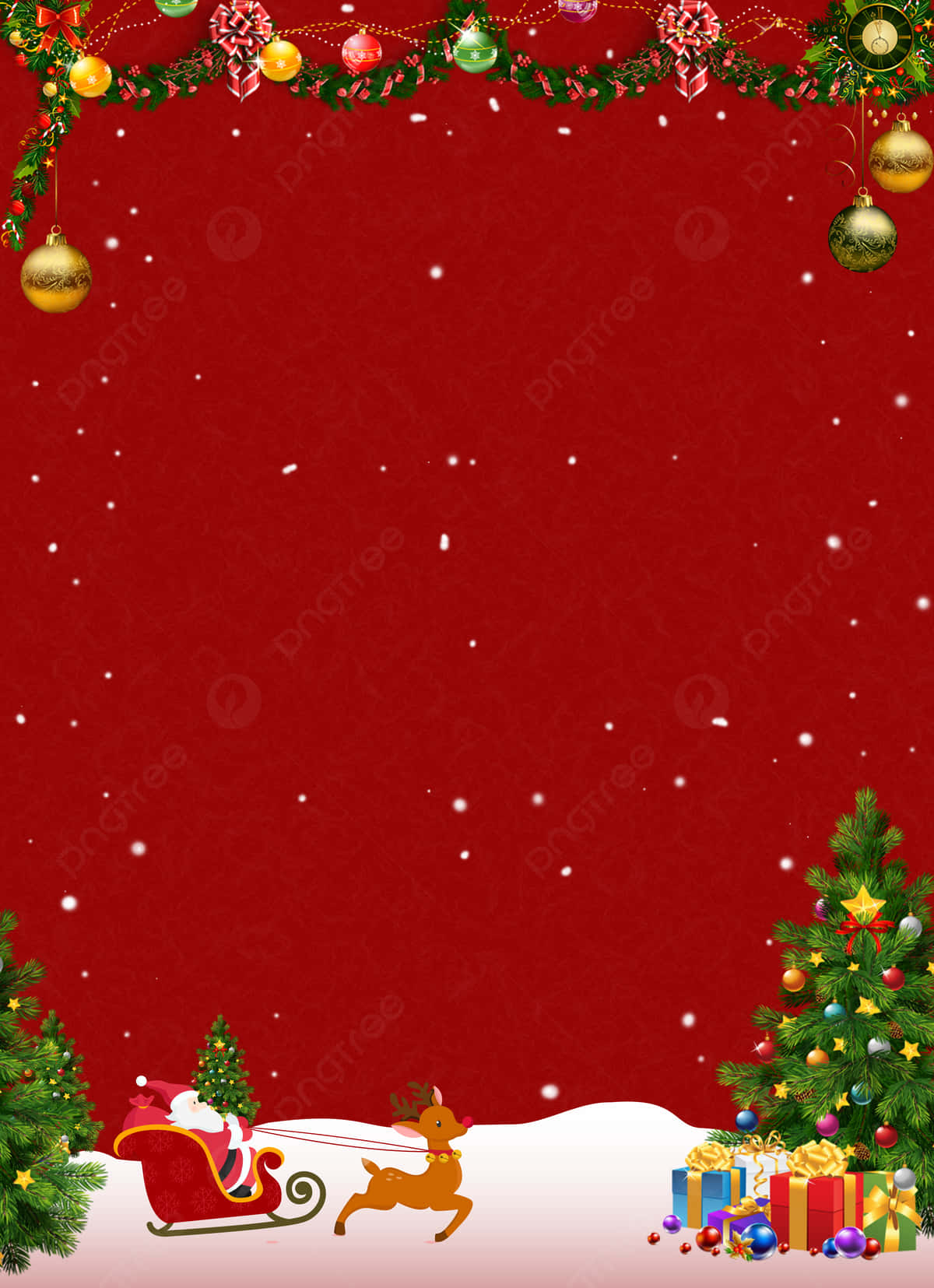 節慶歡樂：快樂聖誕節背景 壁紙 — 一張節日紅色聖誕壁紙，雪花飄落，裝飾著花環、飾品，以及由馴鹿拉著的雪橇，靠近裝飾好的樹木和禮物。
