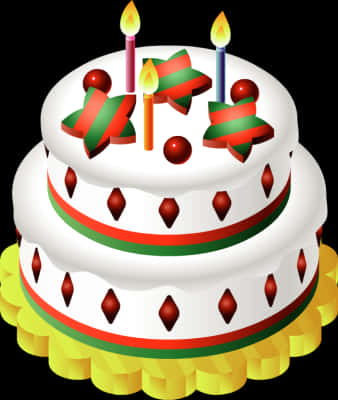 節慶生日蛋糕插畫 壁紙 — 一個兩層生日蛋糕，有白色糖霜、紅色鑽石裝飾、綠色絲帶，以及三根點燃的蠟燭放在一個黃色扇貝邊盤子上。