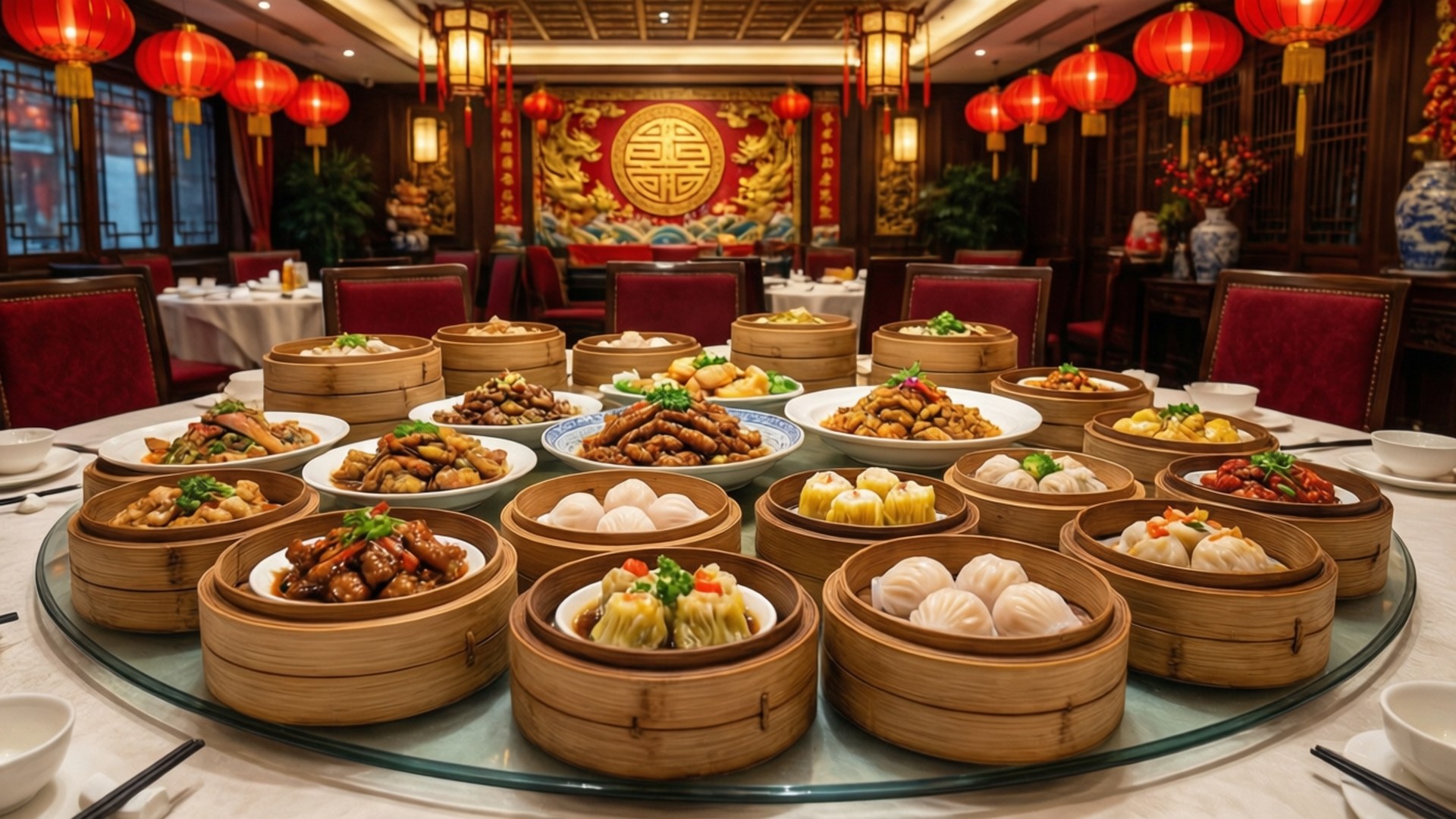 一張擺滿點心的生動餐桌，配以傳統餐廳氛圍，適合用作慶祝活動的壁紙。