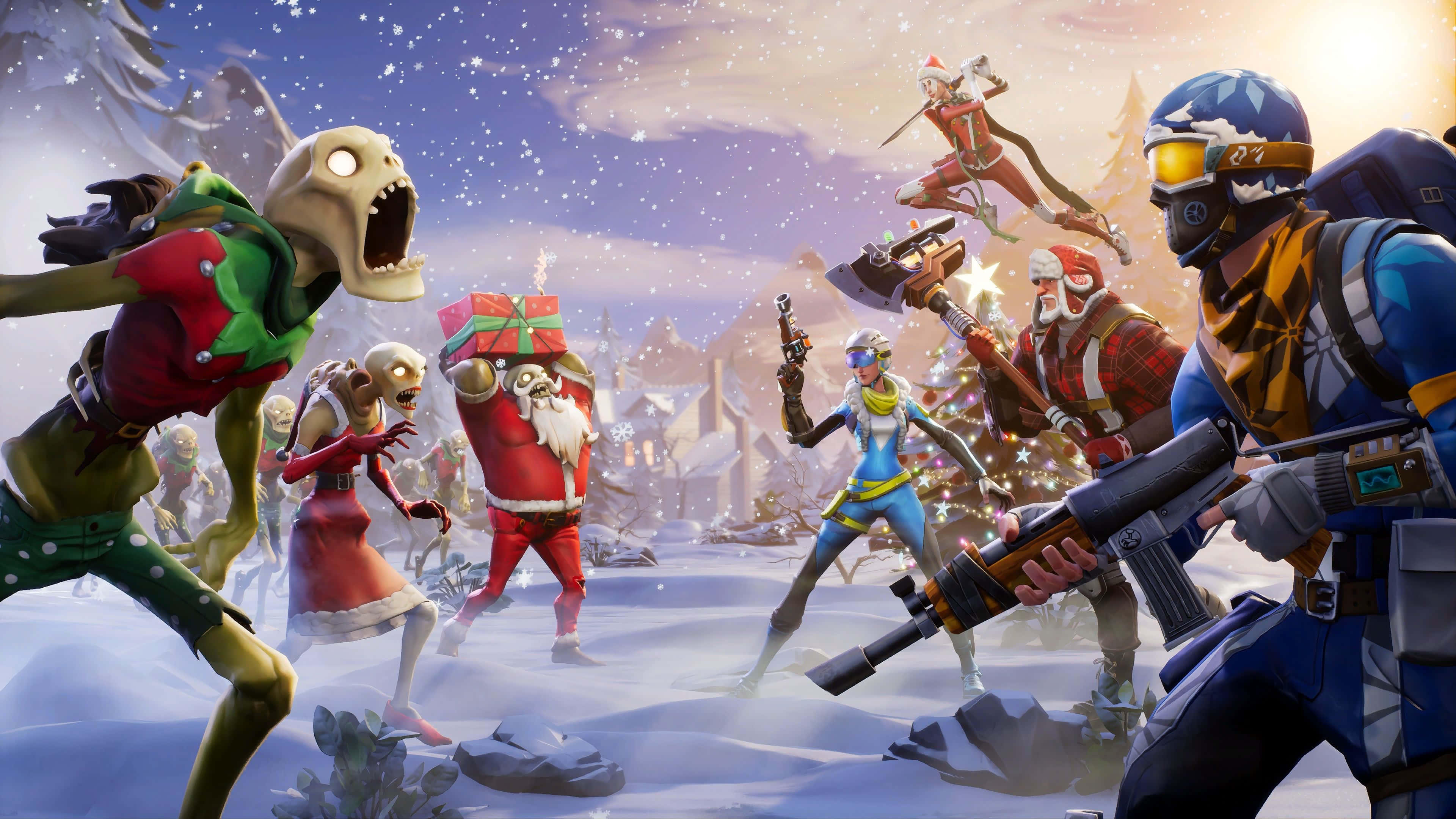 Fye No Skin Fortnite 桌布 壁紙 — 節日主題的Fortnite角色在星空暮色下的雪村中與殭屍般的敵人戰鬥。
