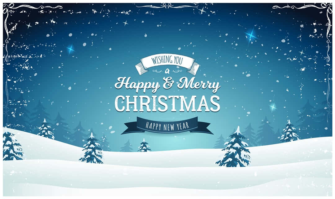 Vintage Christmas 桌布 壁紙 — 節日冬季場景，雪覆蓋的松樹在星空下，帶有「Happy & Merry Christmas」文字。