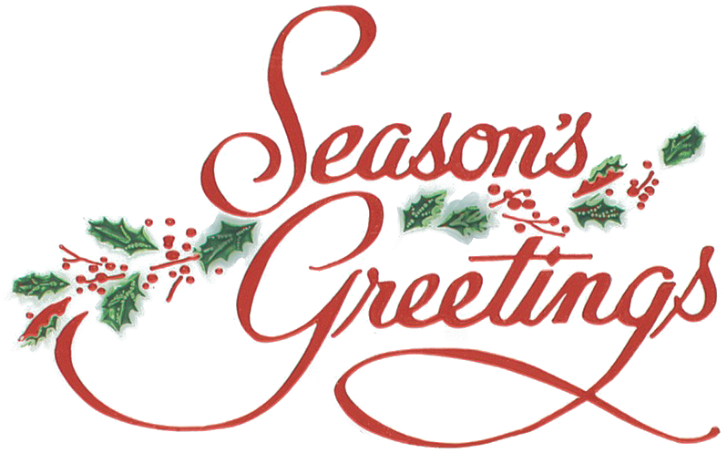 節日問候假日訊息 壁紙 — 優雅的紅色草書文字寫著 Seasons Greetings，飾以綠色冬青葉和紅色漿果，背景為黑色。