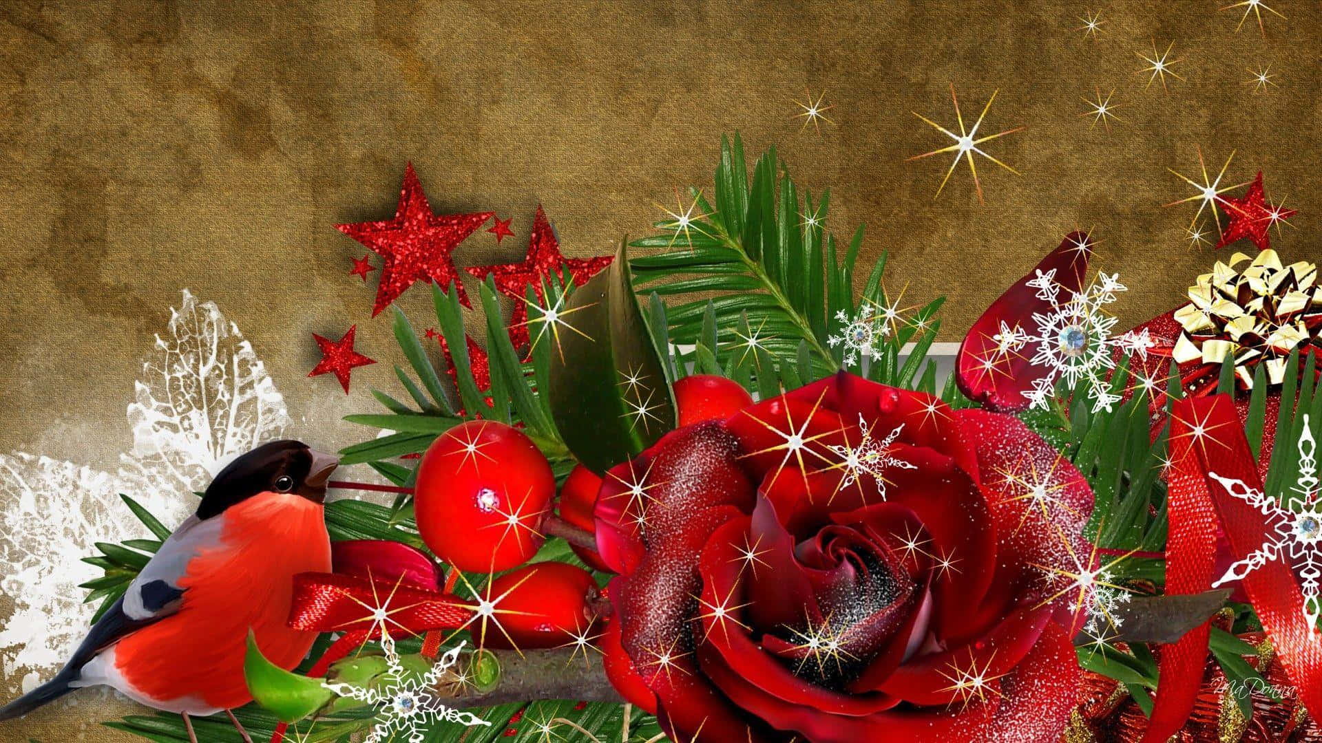 Rustic Christmas 桌布 壁紙 — 節日喜慶構圖，以紅玫瑰、紅腹灰雀、松針、紅莓、閃爍星星和雪花為特色，背景為紋理金色。