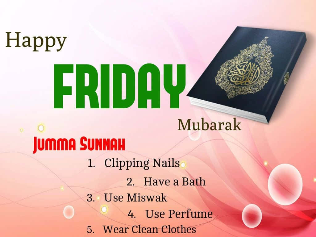 Happy Friday 桌布 壁紙 — 節日圖案，帶有可蘭經和「Happy Friday Mubarak」文字，背景為粉紅色漸變，並有浮動氣泡。