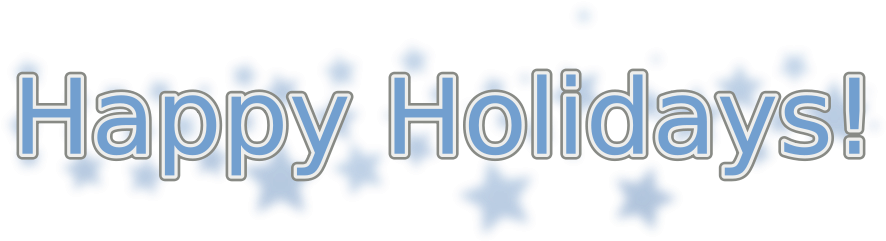 節日快樂雪花文字 壁紙 — 粗體白色輪廓文字寫著「Happy Holidays!」，周圍散落著藍色星星形狀，背景為黑色。