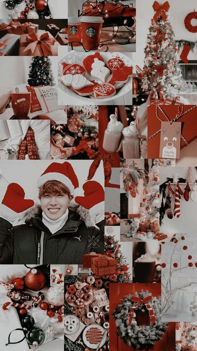 Red Aesthetic Christmas 桌布 壁紙 — 節日拼貼畫，包含紅色和白色的聖誕裝飾、餅乾、樹木、禮物，以及一個戴著聖誕帽微笑的人。