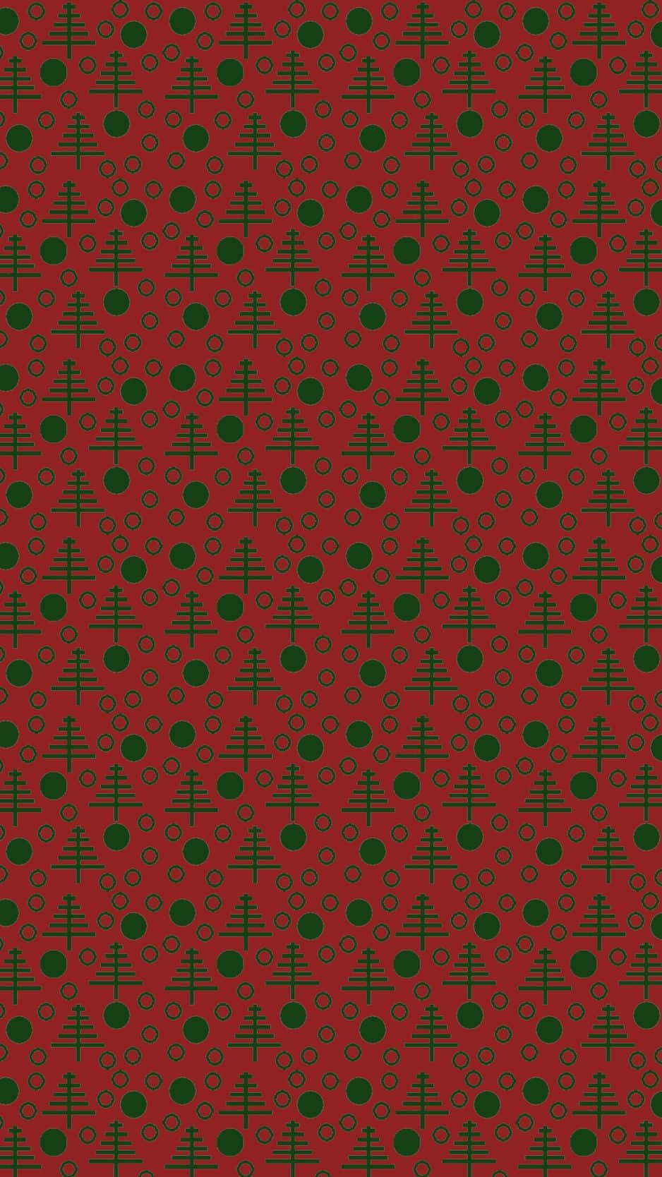 Minimalist Pattern 桌布 壁紙 — 節日紅色牆紙圖案，以重複的綠色聖誕樹和圓形組成幾何設計。
