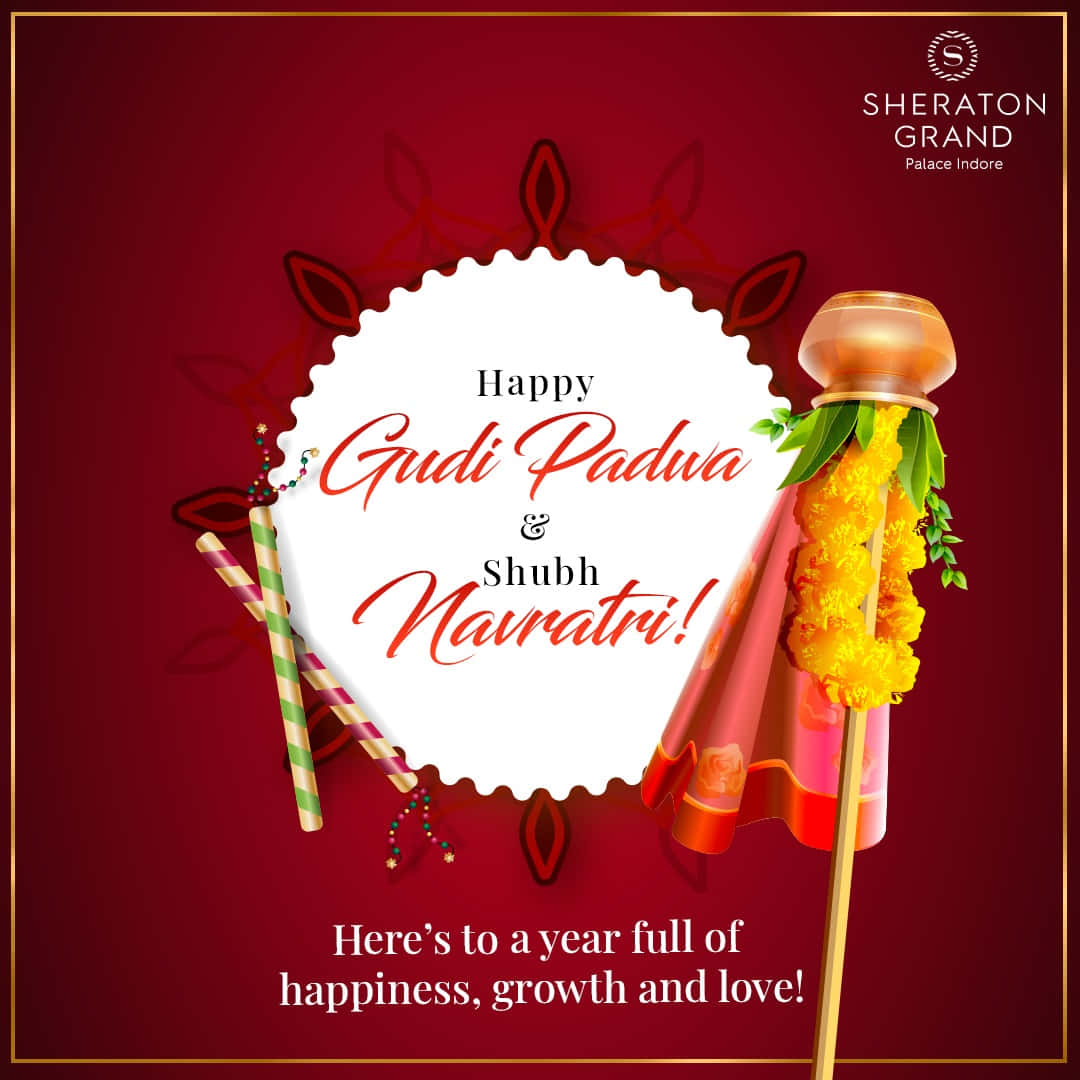 Gudi Padwa 桌布 壁紙 — 節日紅色背景上有一個白色扇貝形圓圈，內有慶祝文字和傳統印度裝飾，包括萬壽菊花環和彩色棒。