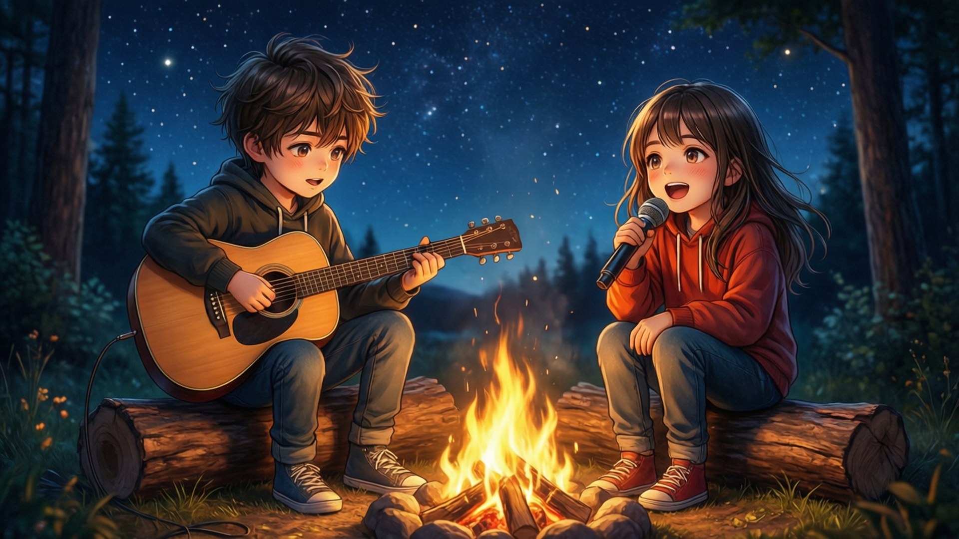 兩個孩子在夜晚的森林中，在星空下享受營火旁的音樂
