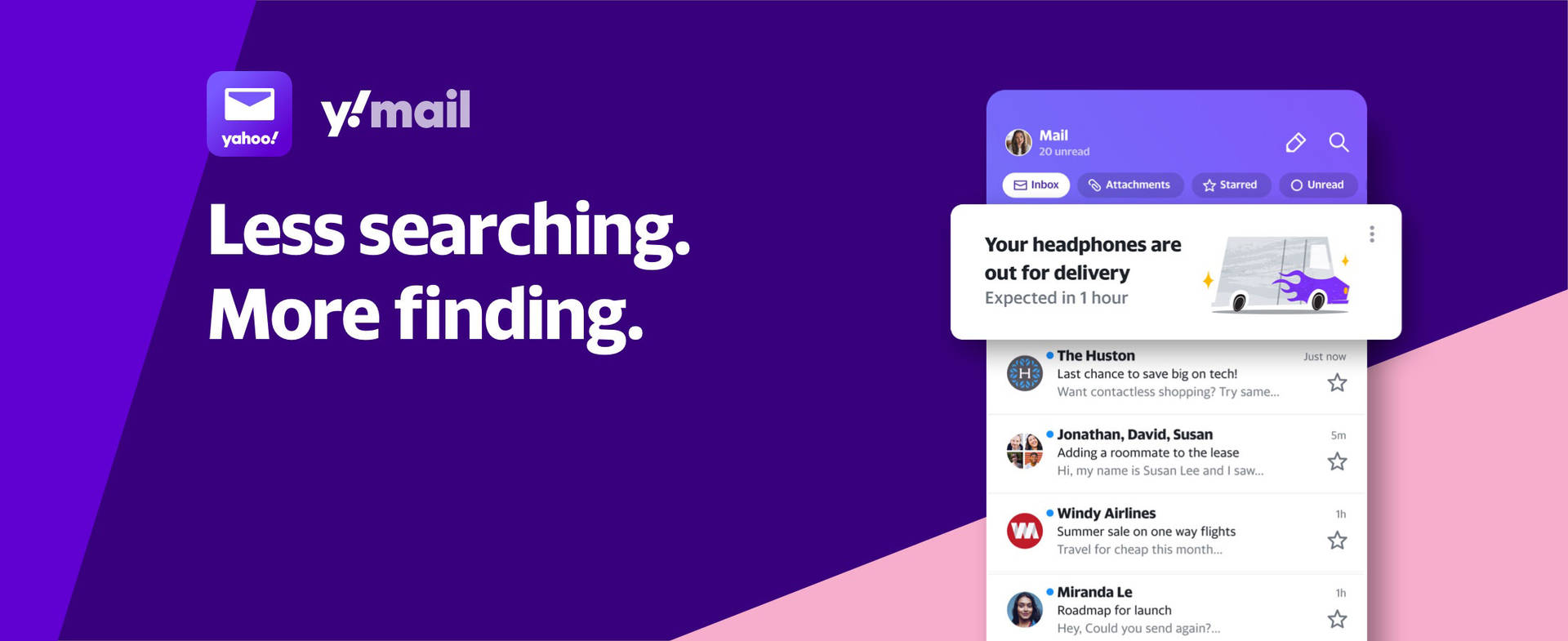 Yahoo Mail 應用程式界面，在紫色和粉紅色背景上顯示電子郵件收件箱和送達通知。