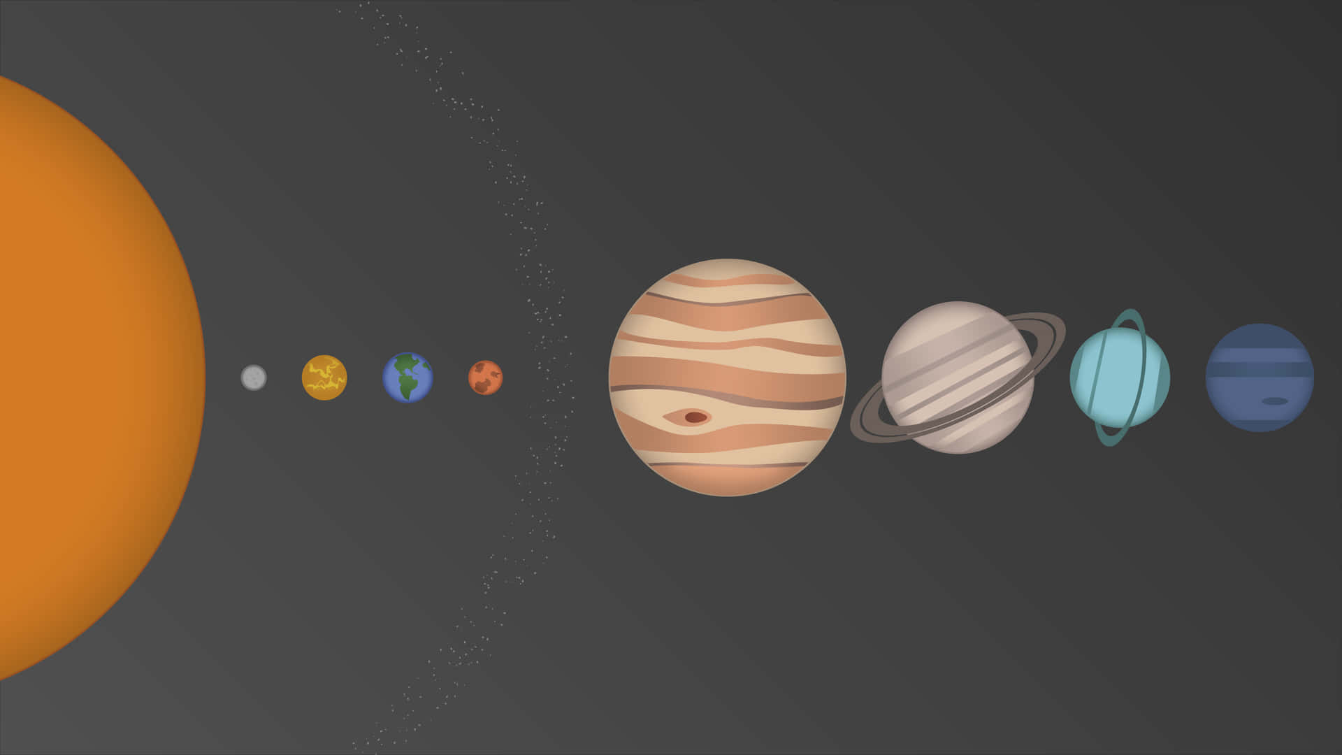 太陽系，太陽和行星以對角線排列。