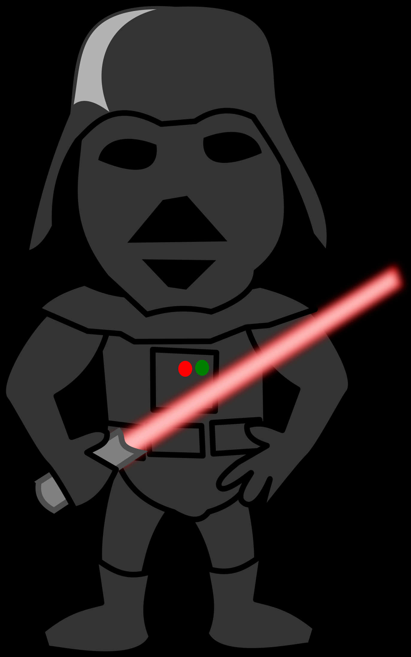 簡化版達斯維達插畫 壁紙 — Chibi Darth Vader 自信地站立，手持發光的紅色光劍，背景為黑色。